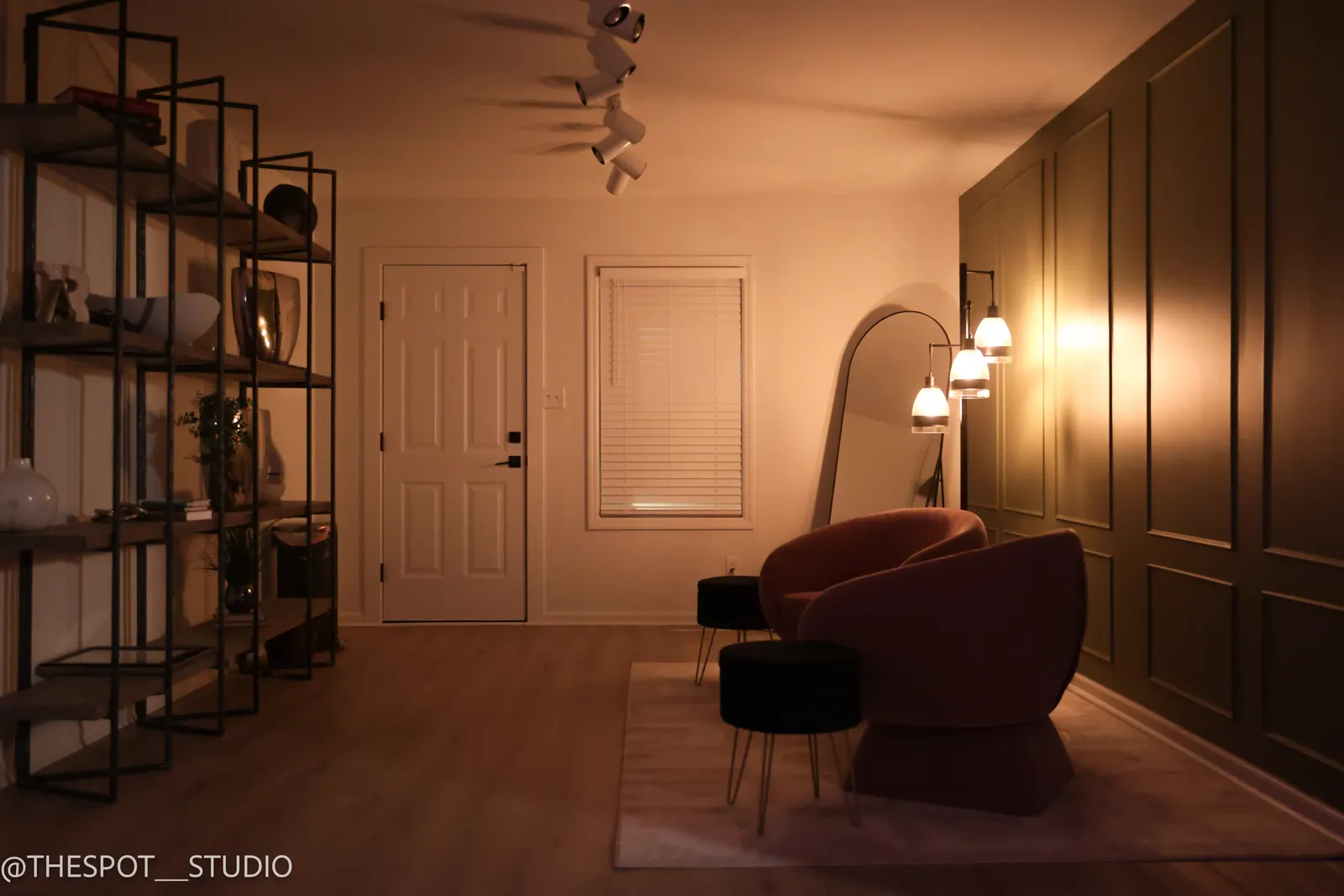 Wide view of the Primary Studio with shelving and entry